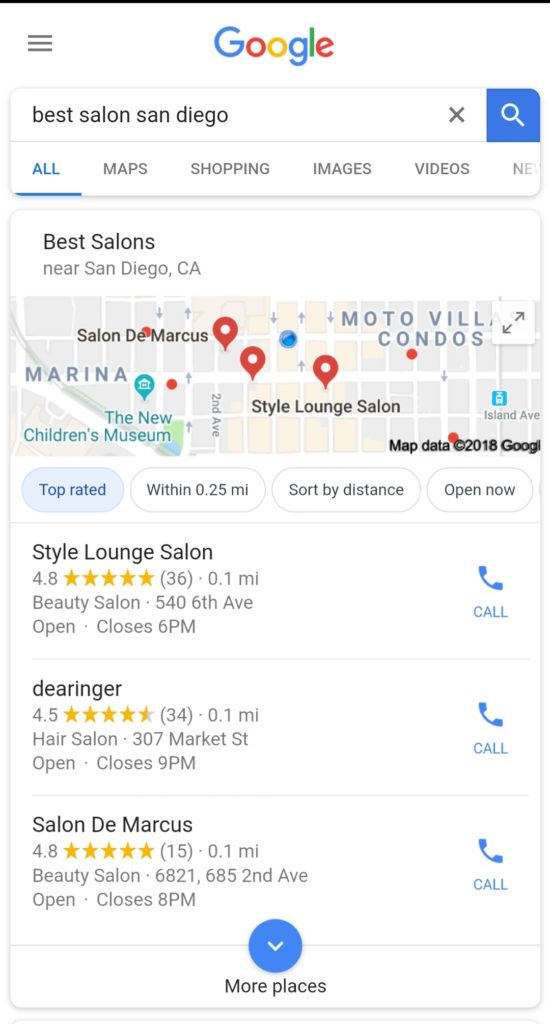 mobile search page with google results for best salon in San Diego