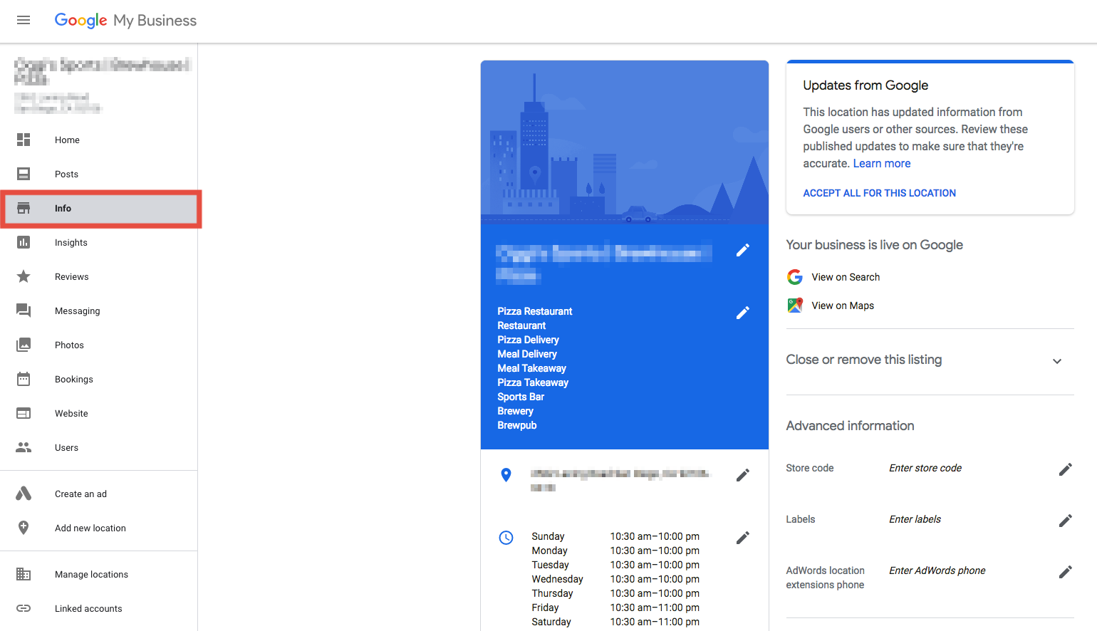 Info section of Google My Business Dashboard