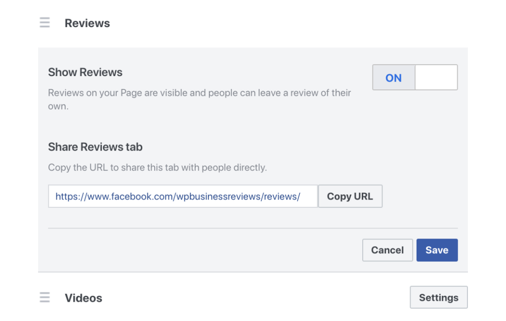 Find your facebook reviews Link in your settings