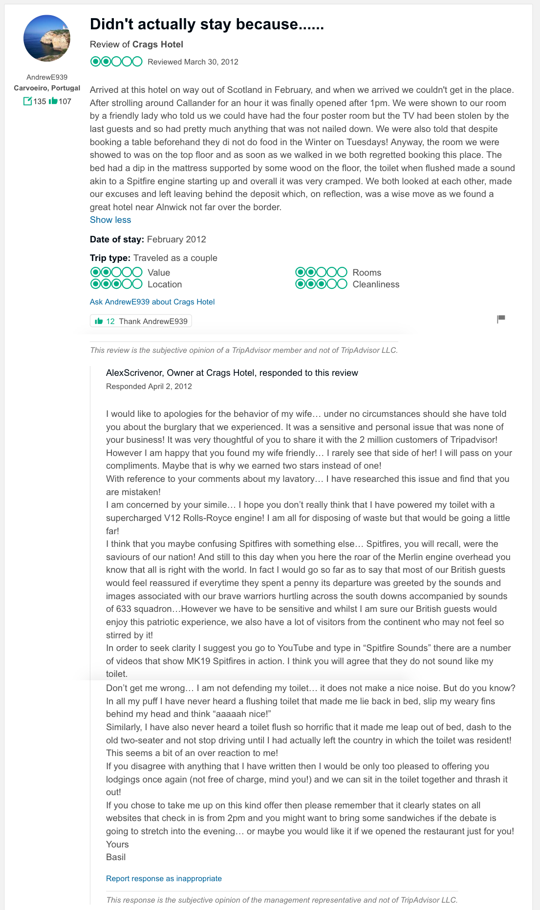 funny response to negative hotel review