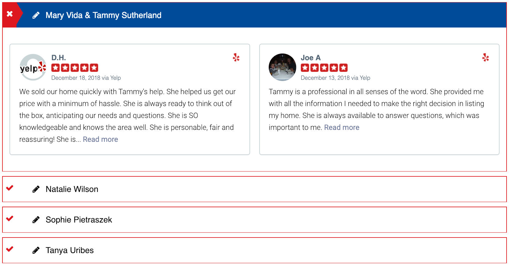 Image: Accordion Tab open to "Mary Via & Tammy Sutherland." Yelp Review from D.H.: "We sold our home quickly with Tammy's help. She helped us get our price with a minimum of hassle. She is always ready to think out of the box, anticipating our needs and questions. She is SO knowledgeable and knows the area well. She is personable, fair and reassuring!" Yelp review from Jow A. "Tammy is a professional in all senses of the word. She provided me with all the information I needed to make the right decision in listing my home. She is always available to answer questions, which was important to me." 