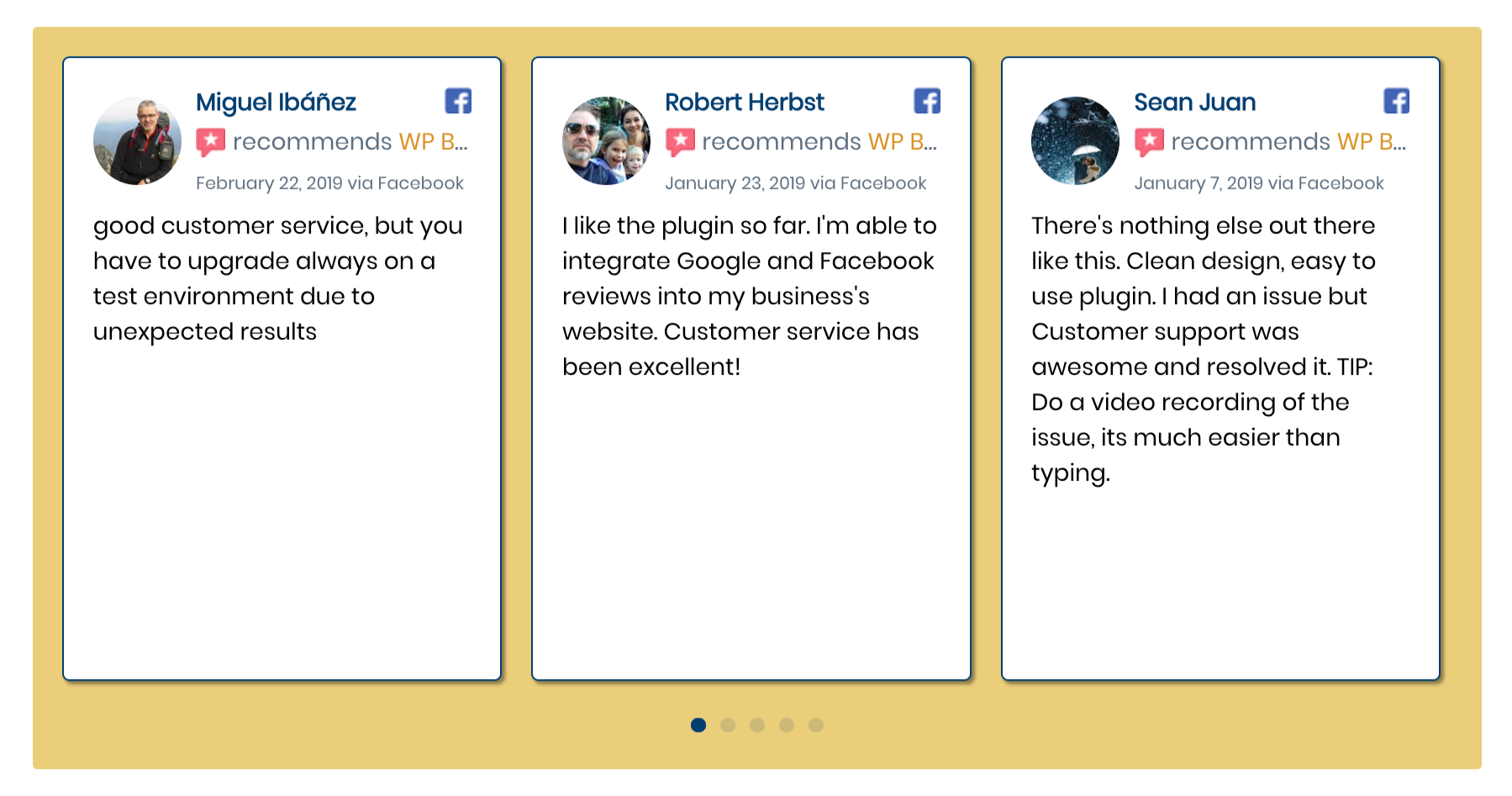 The code snippet creates a reviews carousel that has 3 reviews showing, displaying white review containers with blue borders that cast a shadow on a yellow backdrop. The blue navigation bullets are the same blue as the reviewer name.