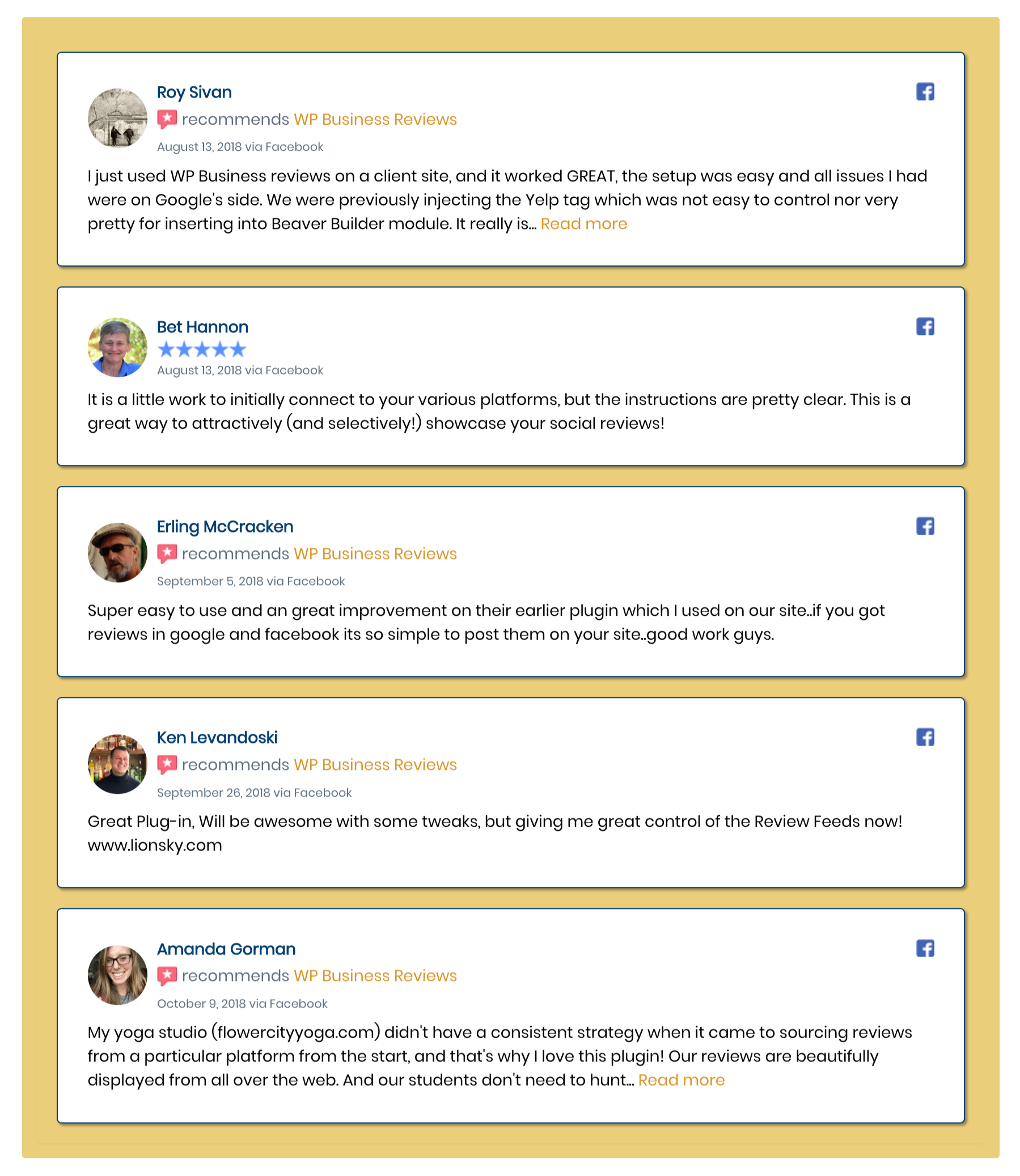 The code snippet creates a list with a single column of reviews, displaying white review containers with blue borders that cast a shadow on a yellow backdrop. The blue navigation bullets are the same blue as the reviewer name.