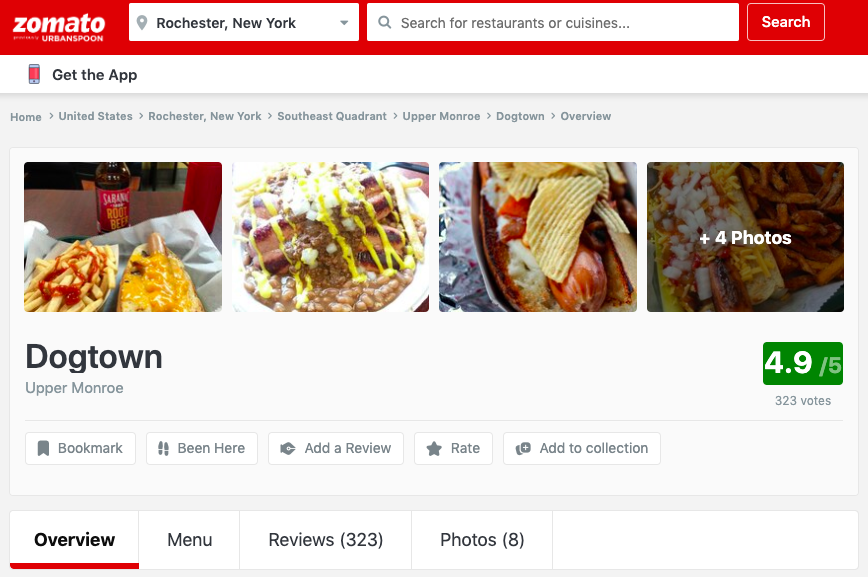 A Zomato Search in Rochester, New York shows Dogtown. The profile has a 4.9 out of 5 rating with 323 votes and multiple photos of their food offerings to help entice more customers to come into their location.