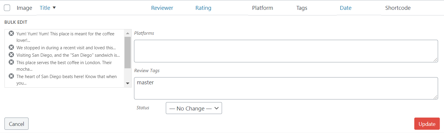 Add your chosen tag to multiple online reviews at one time using the bulk edit feature on the single collection screen. 