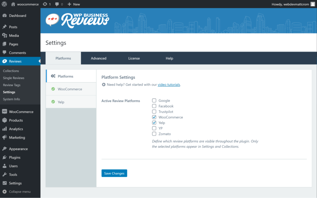 Activate WooCommerce Reviews from platforms section of your WP Business Reviews settings panel in the WordPress Dashboard. 