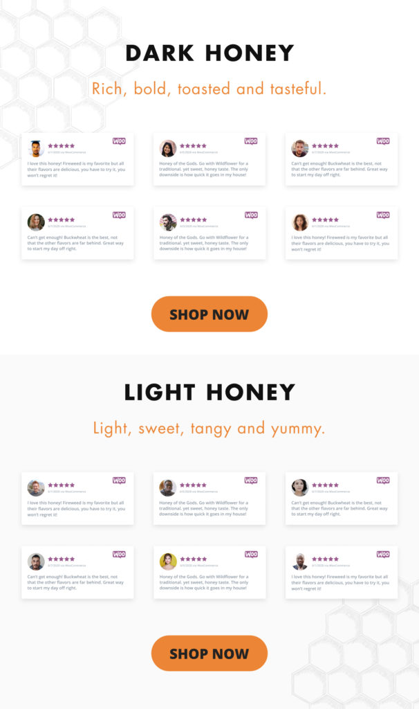 WP Business Reviews collections are aggregated by category using tags on single reviews and a custom collection and then displayed on a single page so people can choose to shop by section based on the WooCommerce Reviews on the page.