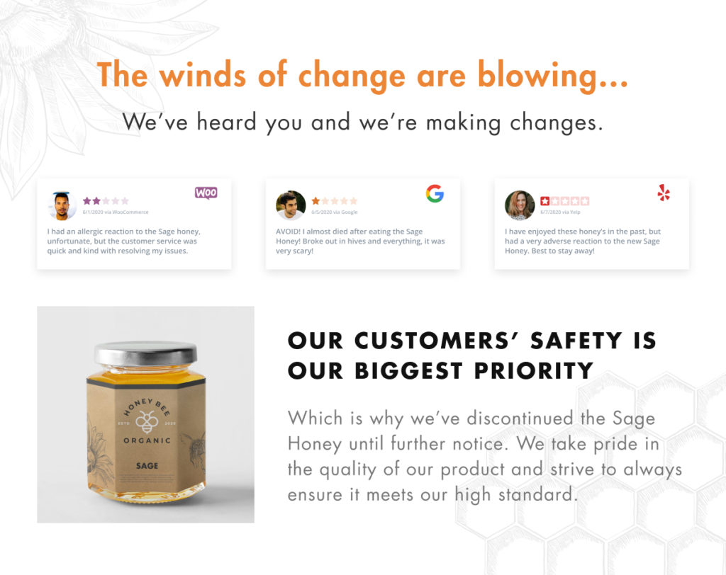 Each review embedded with WP Business Reviews on the page titled "The winds of change are blowing... we heard you and we're making changes" lead into a discontinued product announcement.