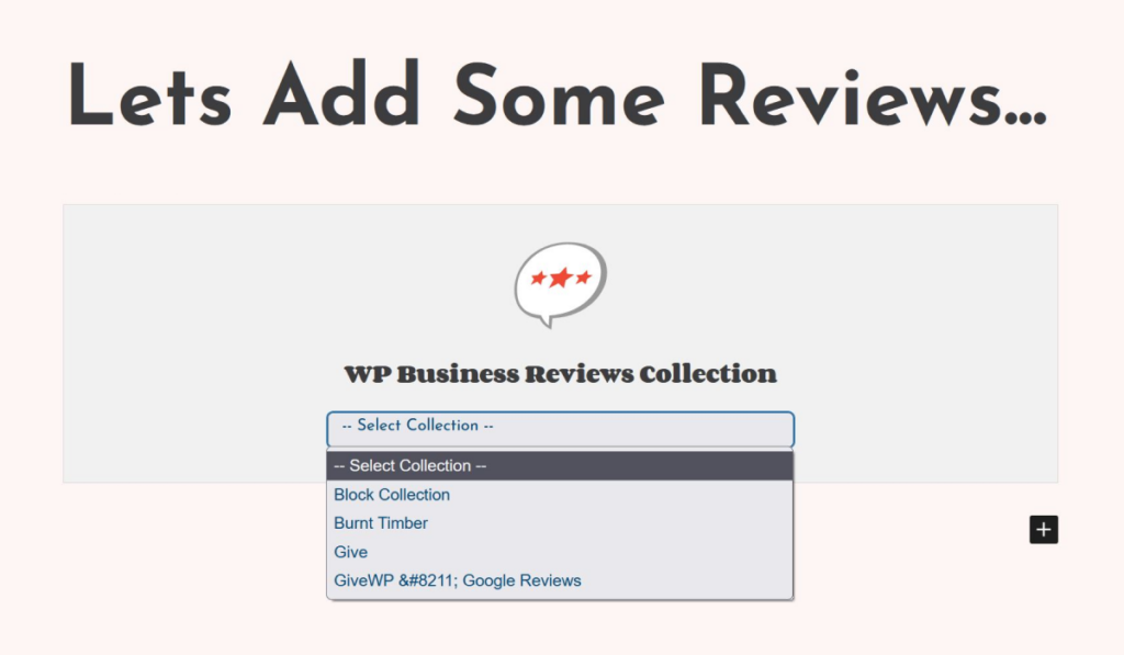 Add the WPBR review collection block and then choose your collection. 