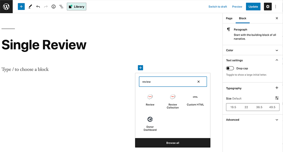 Selecting the single review block from search
